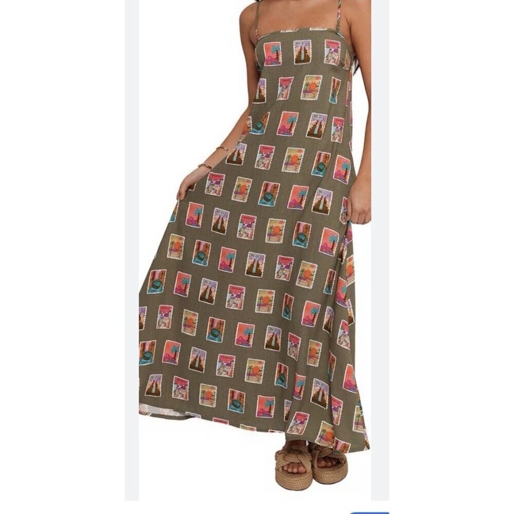 Petal & Pup Aoife Olive Stamp Print Maxi Dress XS Linen Blend Summer Vacation - Picture 2 of 9